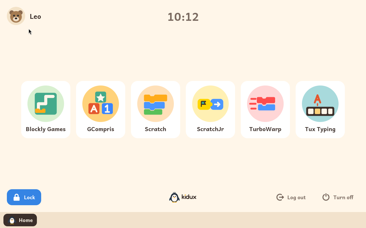 A child's screen on Kidux, with a tile for each learning module