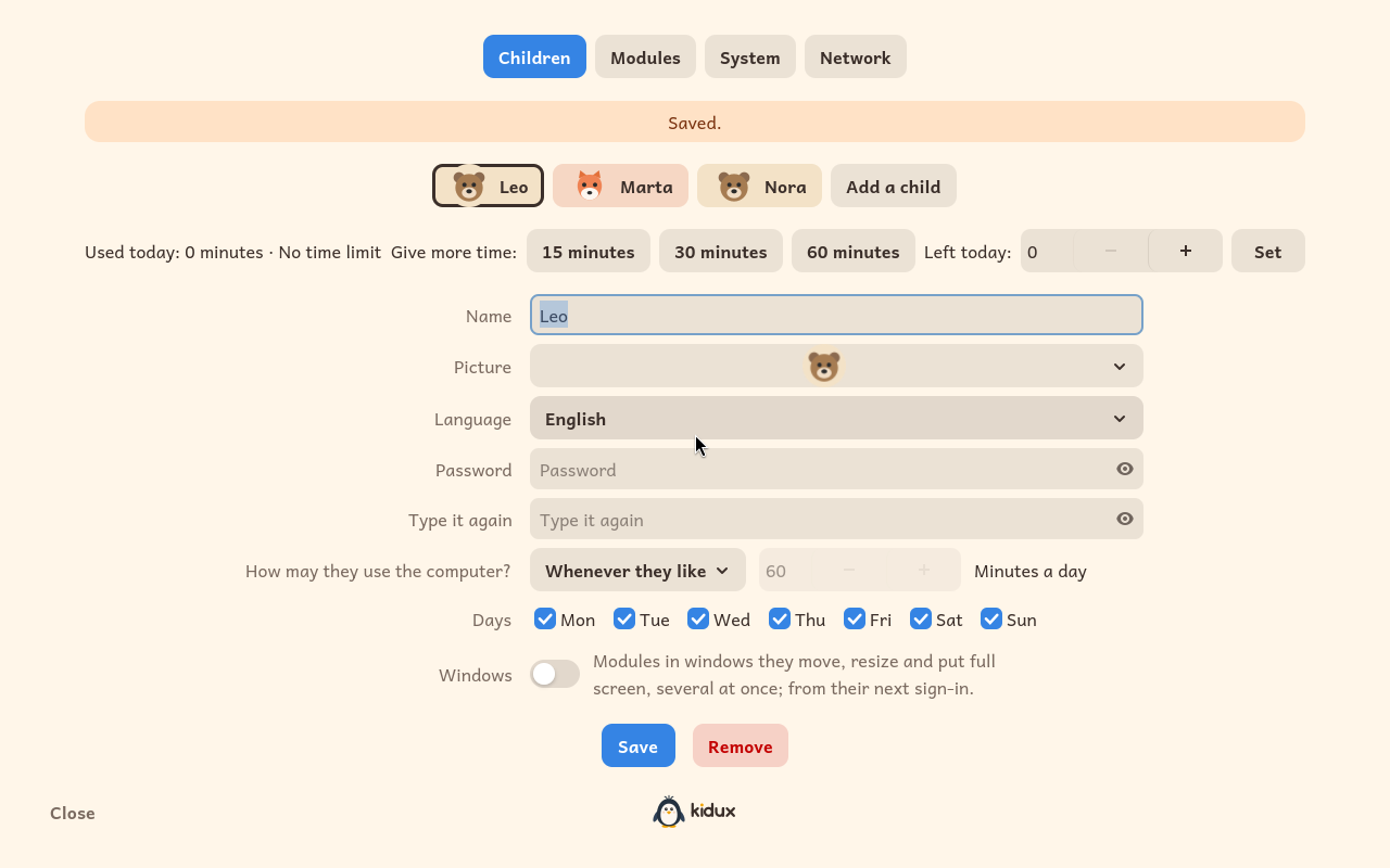 A child's page in the adult panel, with their time and their days