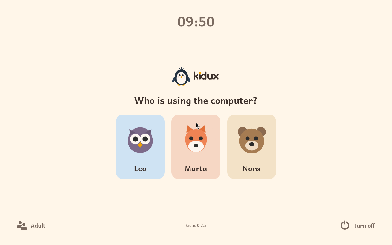 The sign-in screen, with each child's picture
