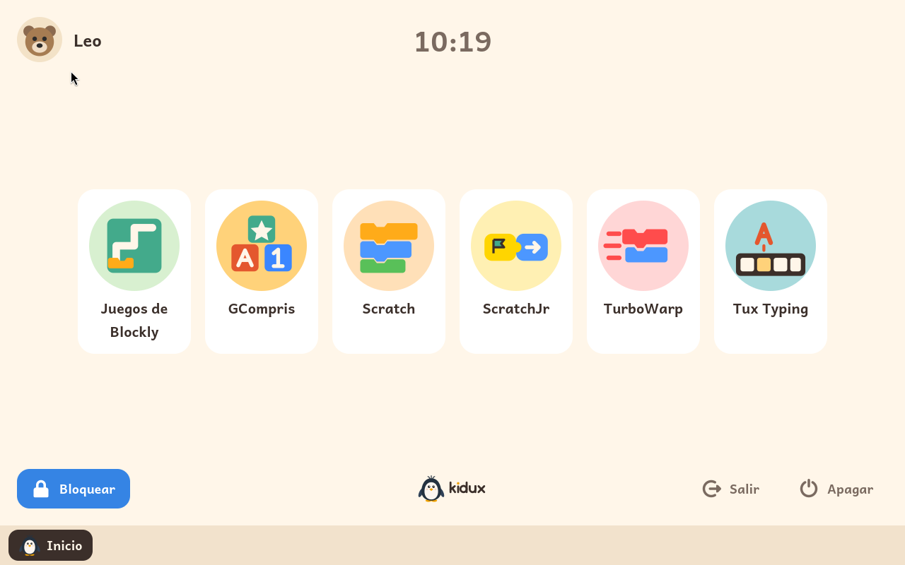La pantalla de un niño en Kidux, con un dibujo por cada módulo de aprendizaje